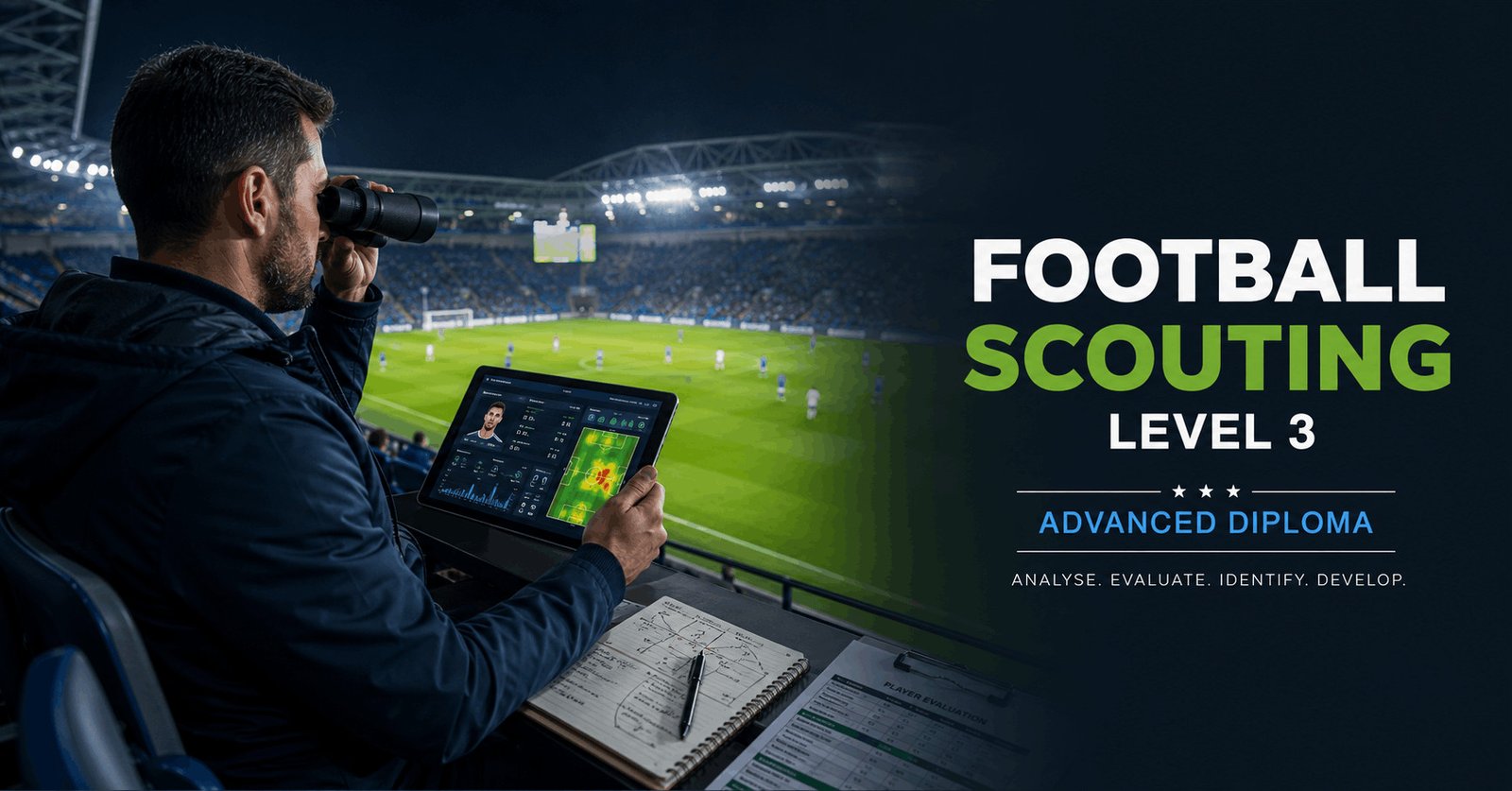 Football Scouting Course showing a scout analysing players during a competitive football match with performance data.