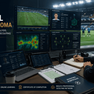 Professional football scout analysing players in Football Scouting Diploma training course