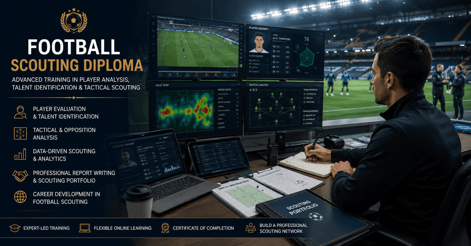 Professional football scout analysing players in Football Scouting Diploma training course