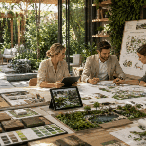 Professional garden designer creating landscape plans during a Garden Design Diploma course