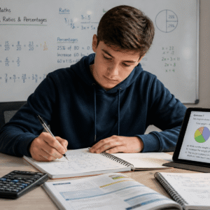 Student solving problems in GCSE maths course with numbers, ratios, fractions, and percentage calculations