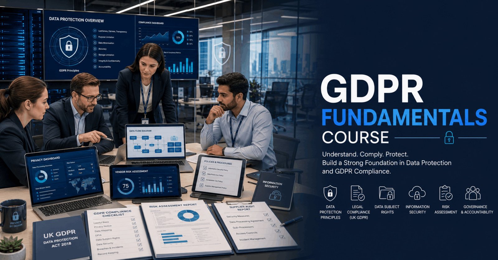 GDPR Fundamentals Course featuring compliance professionals reviewing data protection policies in a modern office.