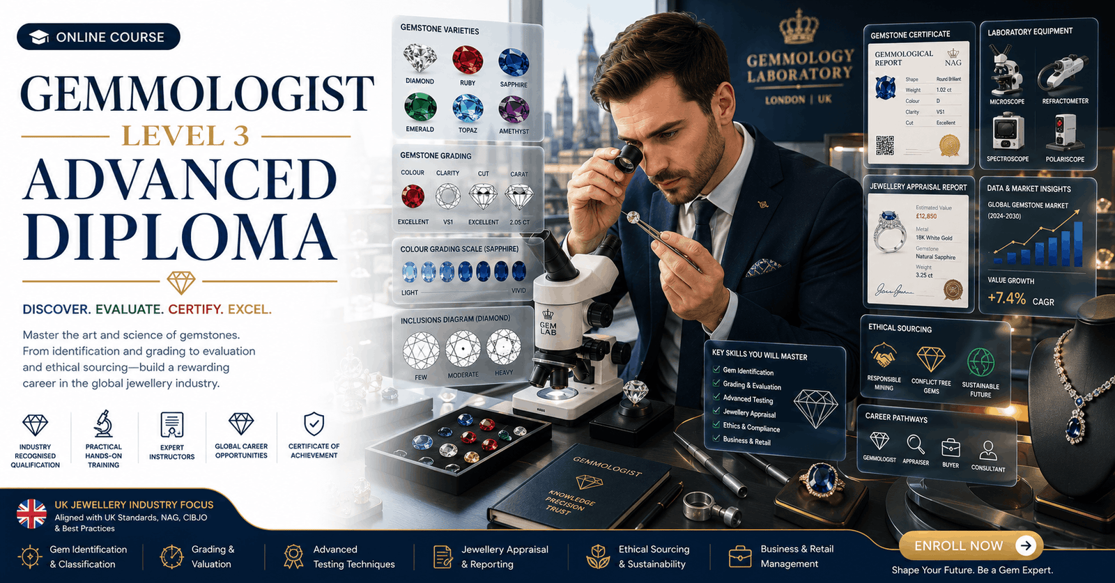 Professional Gemmology Diploma course featuring gemstone grading, diamond analysis, laboratory testing, and jewelry expertise.