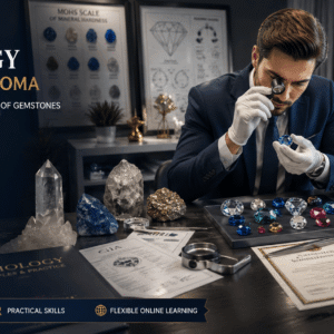 Professional gemologist examining gemstones in Gemology Advanced Diploma training course