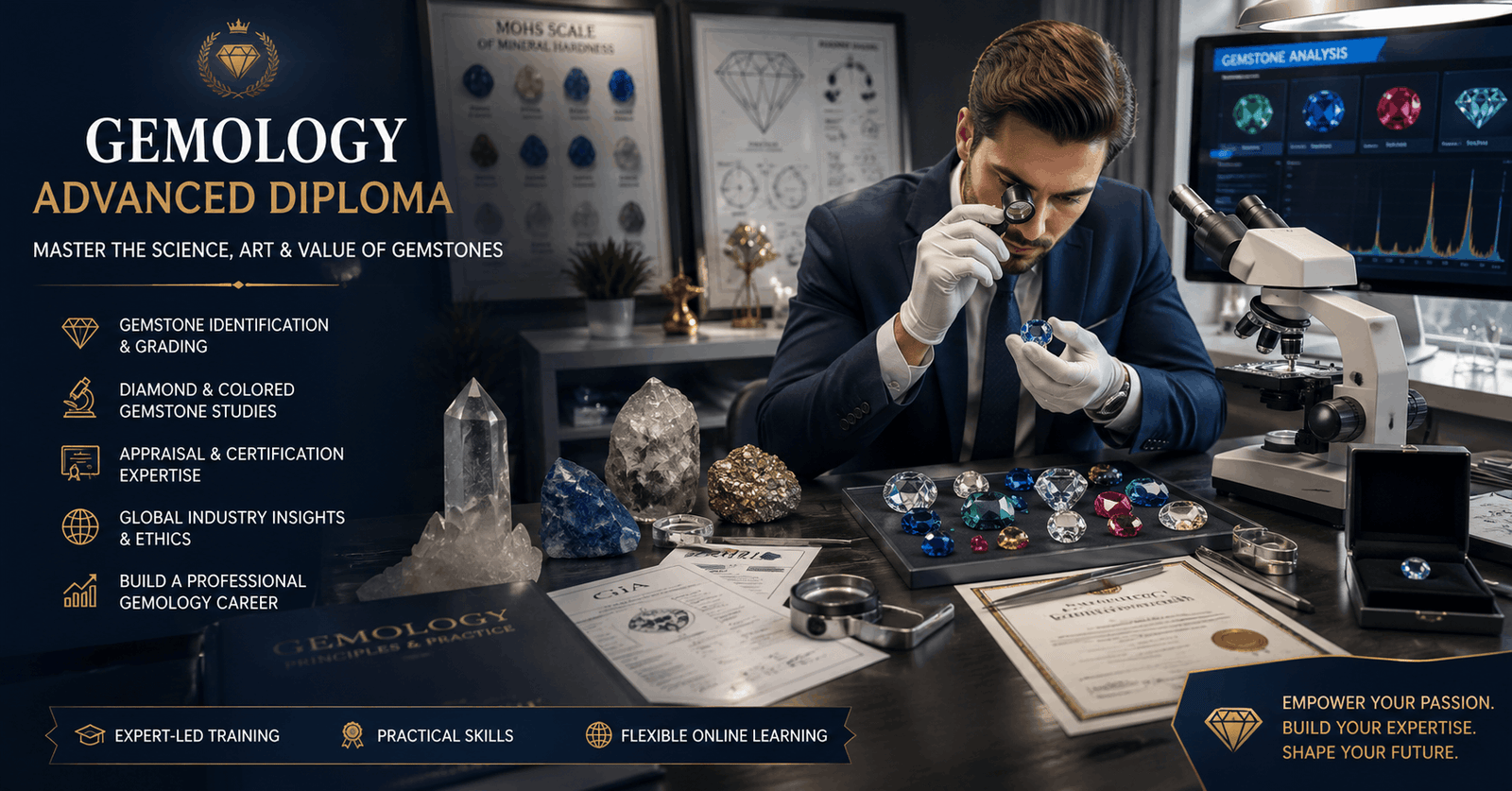 Professional gemologist examining gemstones in Gemology Advanced Diploma training course