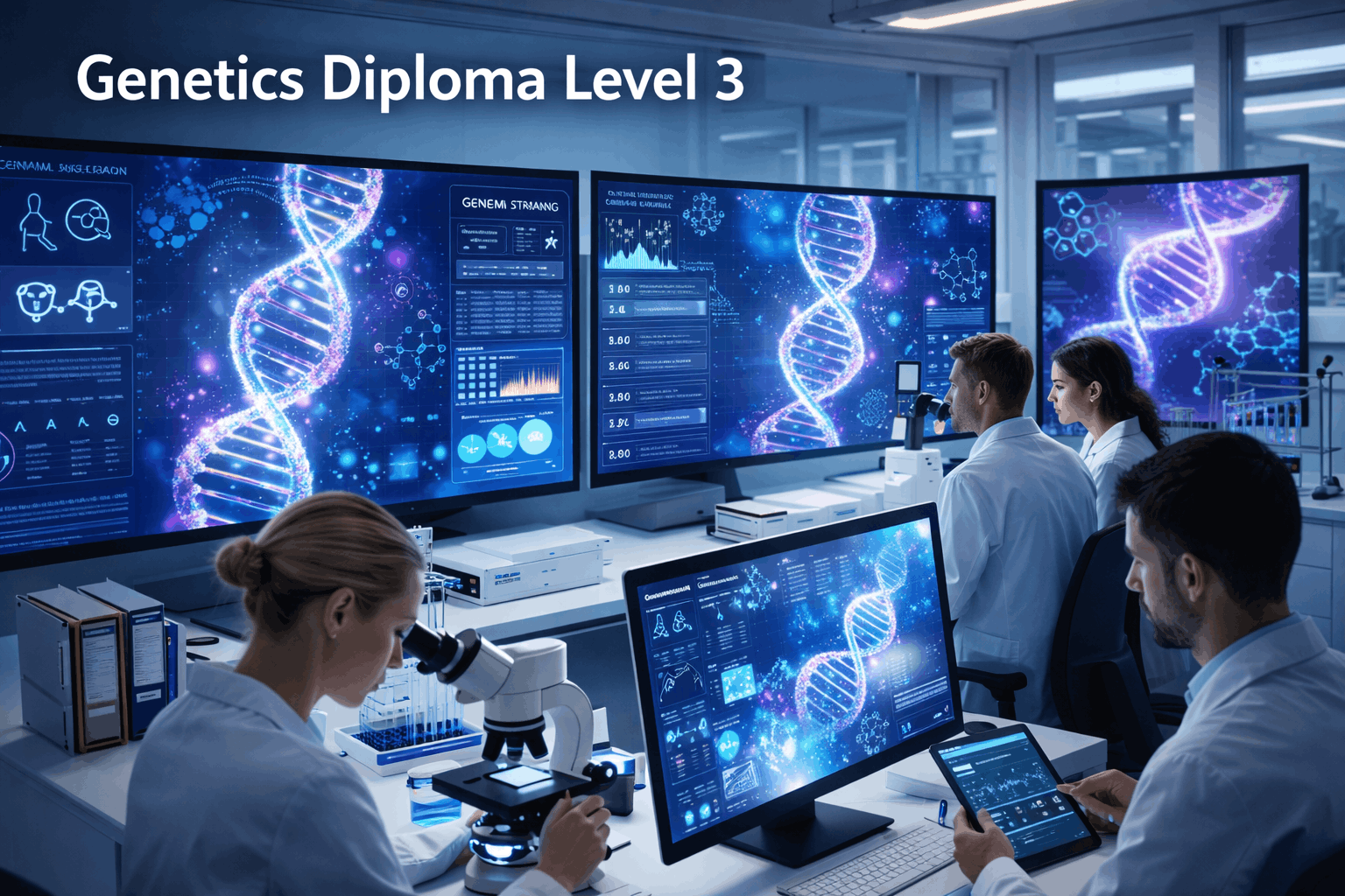 Genetics Diploma Level 3 showing DNA strands, genome data and scientists working in a modern genetics laboratory