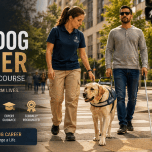 Professional guide dog trainer working with assistance dog during training session