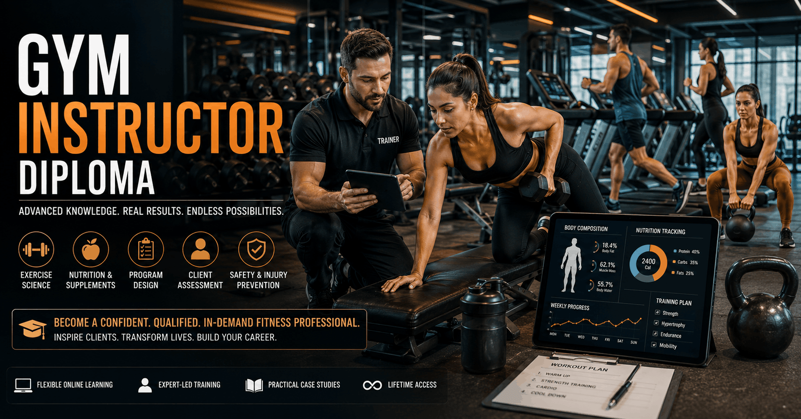 Professional fitness trainer coaching clients in Gym Instructor Diploma course