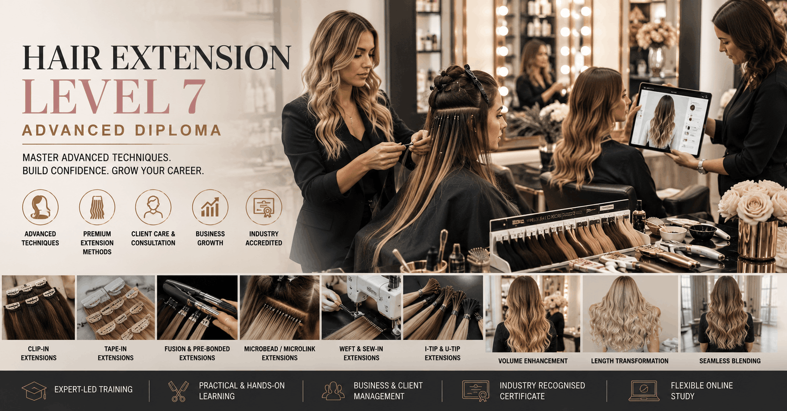 Professional hair extension diploma training with advanced styling and extension application techniques