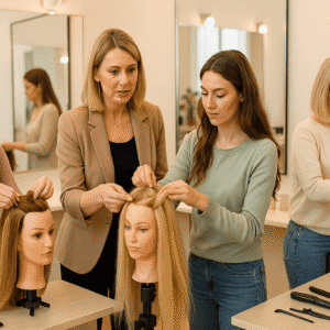 students learning professional hair extension application and styling techniques