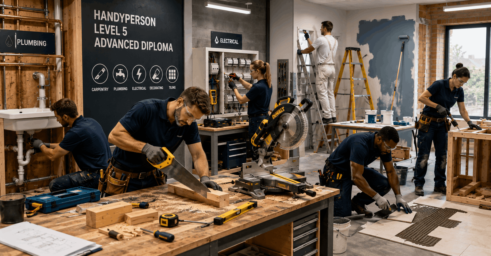 Handyperson Diploma students practising carpentry, plumbing, and home maintenance skills