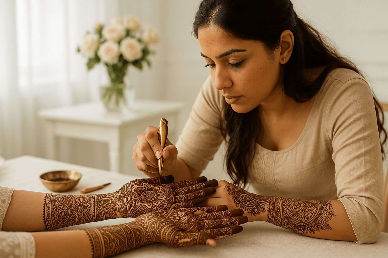 student applying detailed bridal design in Henna Art Advanced Diploma Level 3 course workshop