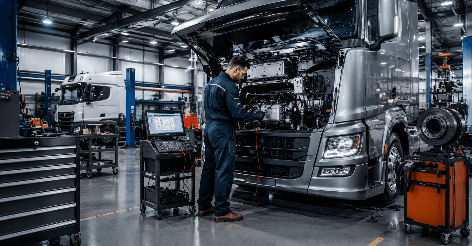Professional technician repairing a heavy goods vehicle in an advanced HGV Mechanic Course workshop