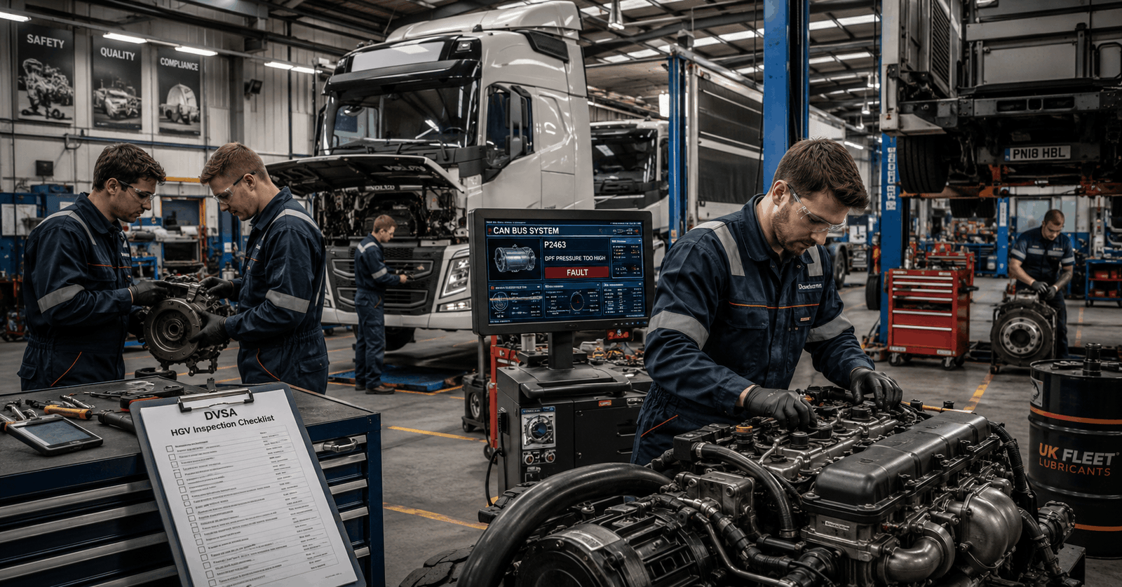 Professional workshop scene for HGV Mechanic Diploma with heavy truck diagnostics and engine repair training