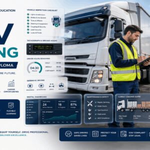 Professional HGV Training Course featuring heavy goods vehicles, defensive driving, vehicle inspections, and road safety.