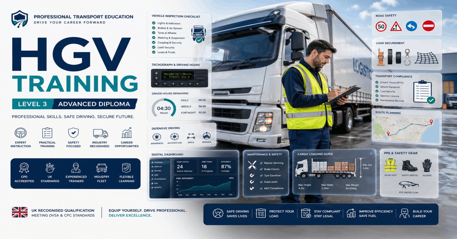 Professional HGV Training Course featuring heavy goods vehicles, defensive driving, vehicle inspections, and road safety.