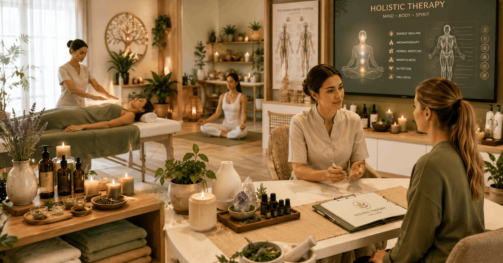 Holistic Therapy Diploma training scene with meditation, healing therapies, and wellness consultation environment