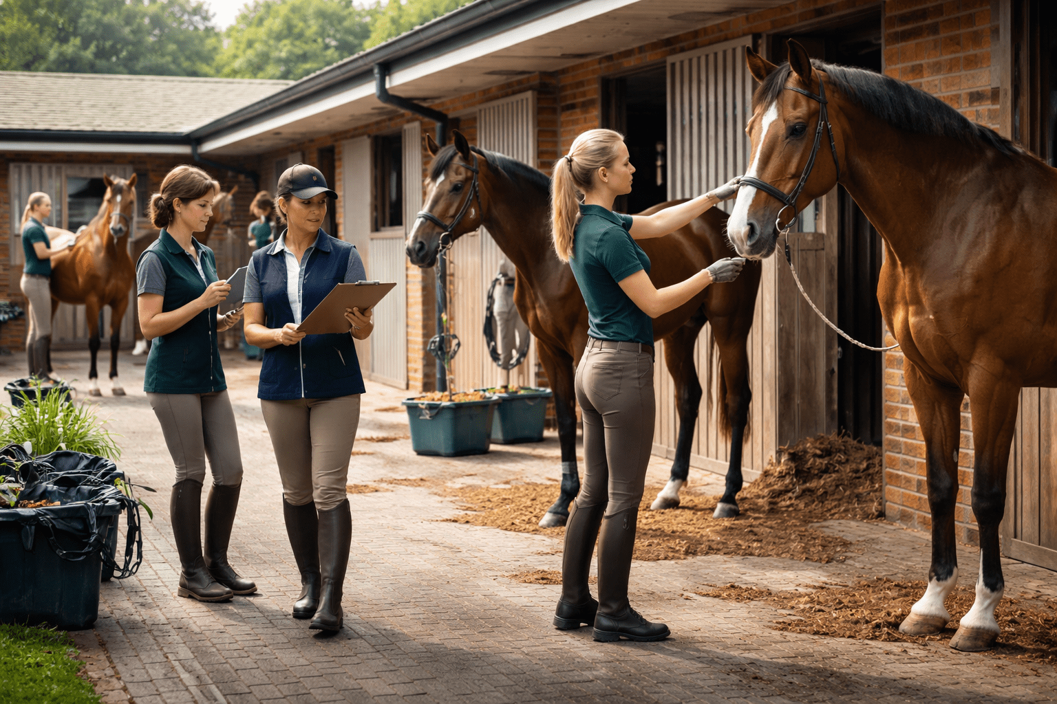 Horse Care Diploma Level 3 students caring for horses in a professional equestrian training yard