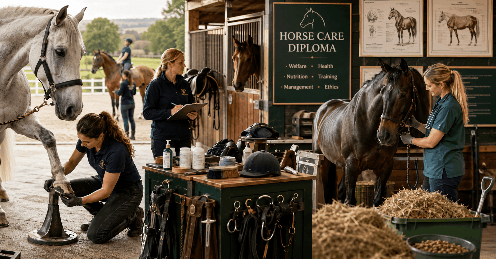 Horse Care Diploma training scene with horses, stable management, grooming, and equine care professionals