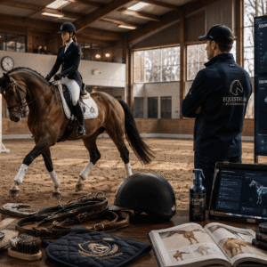 Professional equestrian training scene for horse riding course with rider, horse, and stable environment