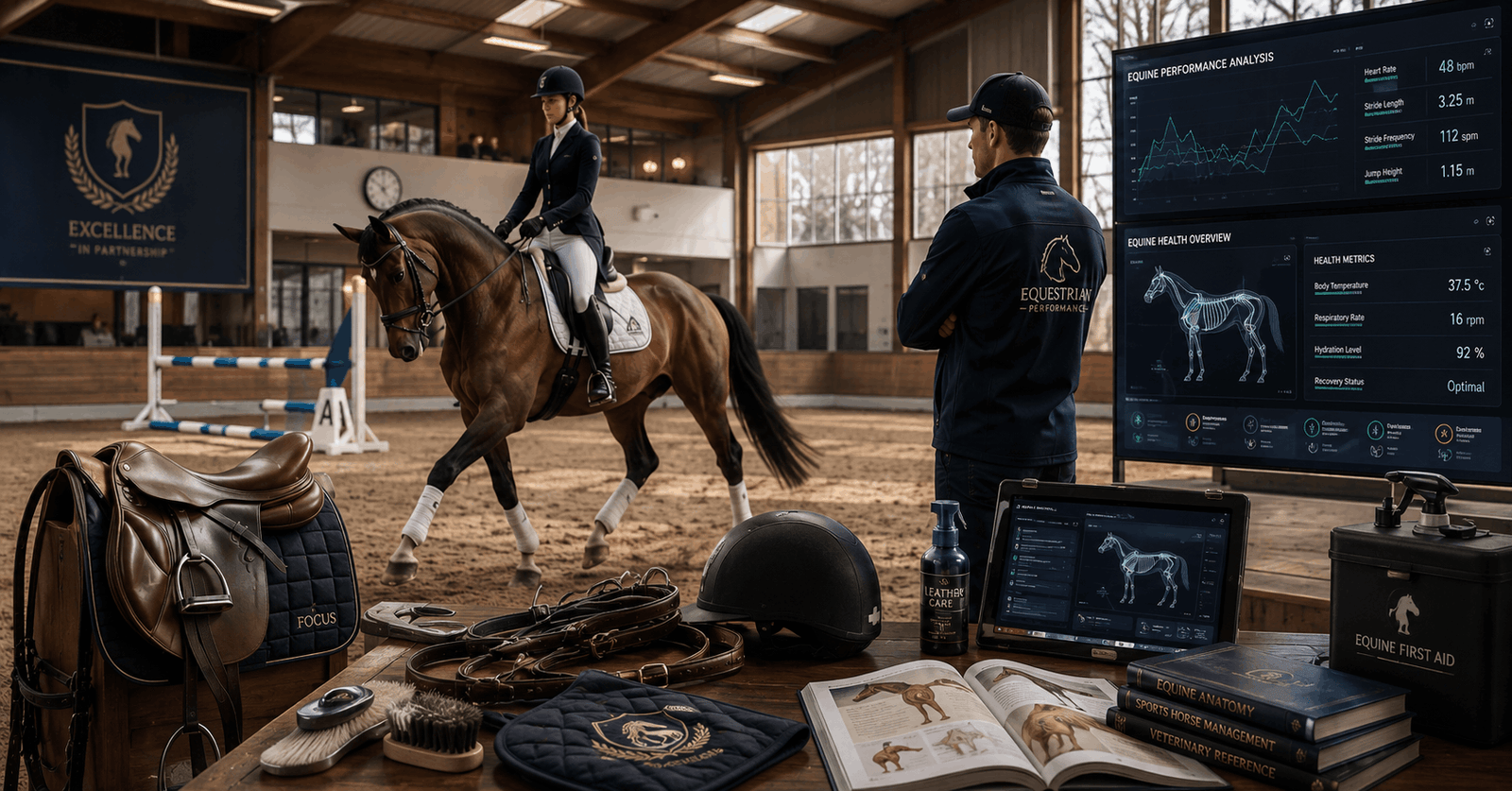 Professional equestrian training scene for horse riding course with rider, horse, and stable environment