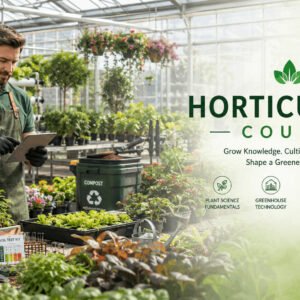 Horticulture Course featuring a professional horticulturist inspecting healthy plants inside a modern greenhouse.