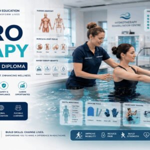 Professional Hydrotherapy Diploma course featuring aquatic therapy, rehabilitation pool, therapeutic exercise, and patient care.