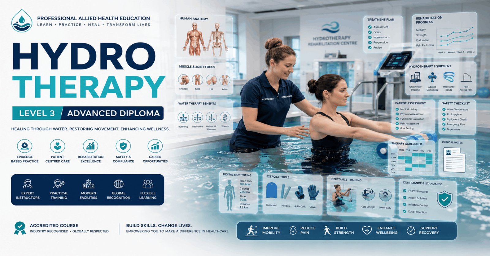 Professional Hydrotherapy Diploma course featuring aquatic therapy, rehabilitation pool, therapeutic exercise, and patient care.
