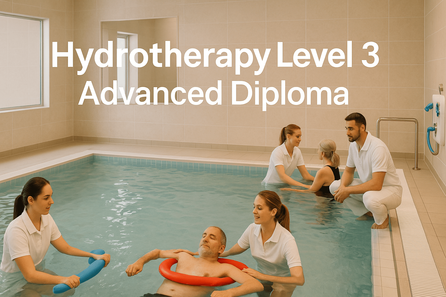 Students practising hydrotherapy treatments in a wellness training pool for the Hydrotherapy Diploma Level 3 course.