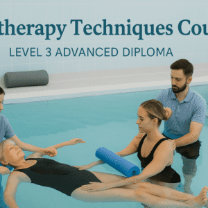Hydrotherapy Techniques Course students practising aquatic therapy and rehabilitation in a modern pool setting