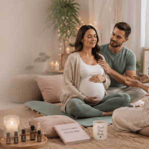 Pregnant woman practising relaxation techniques in a Hypnobirthing Course environment