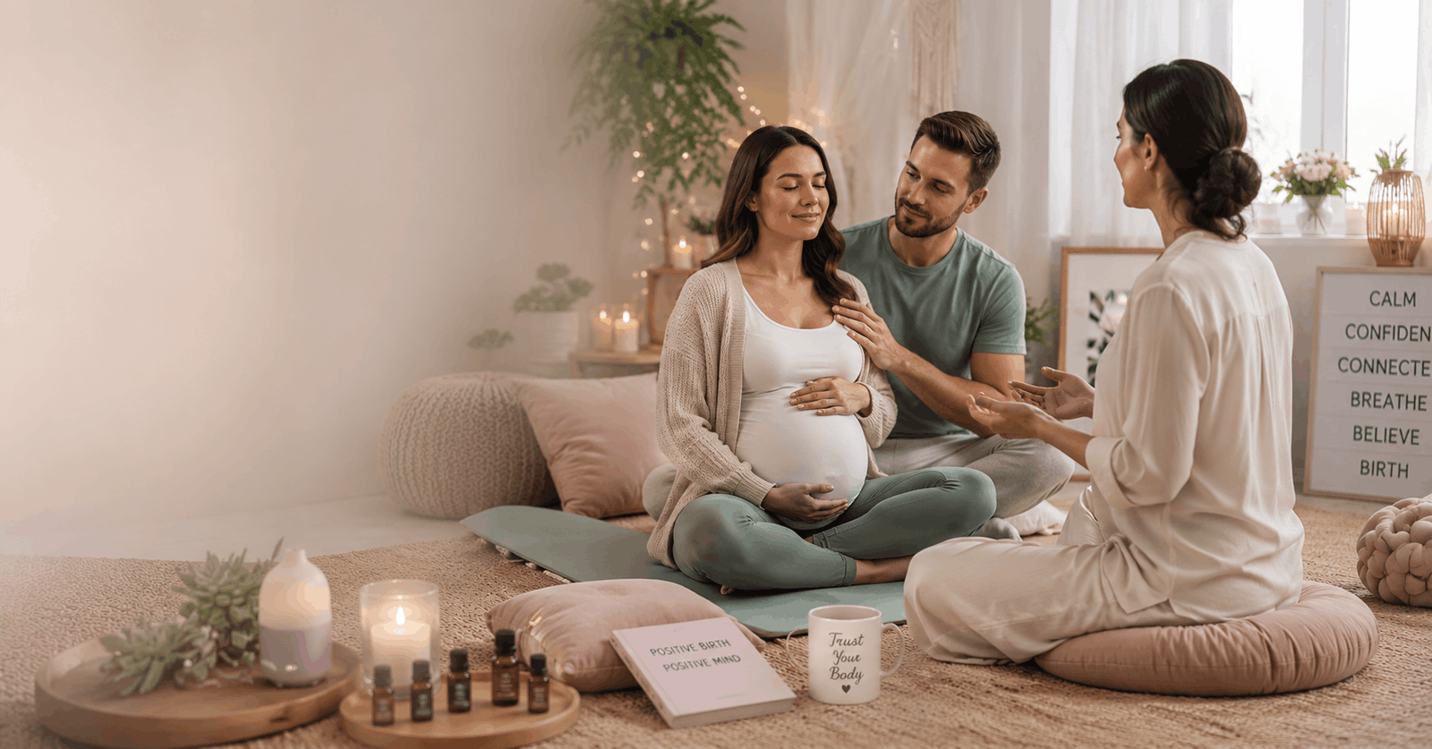Pregnant woman practising relaxation techniques in a Hypnobirthing Course environment