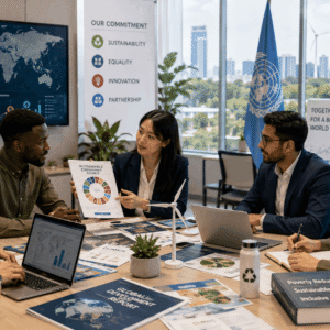 Professionals discussing sustainability and global policy in an International Development Diploma setting