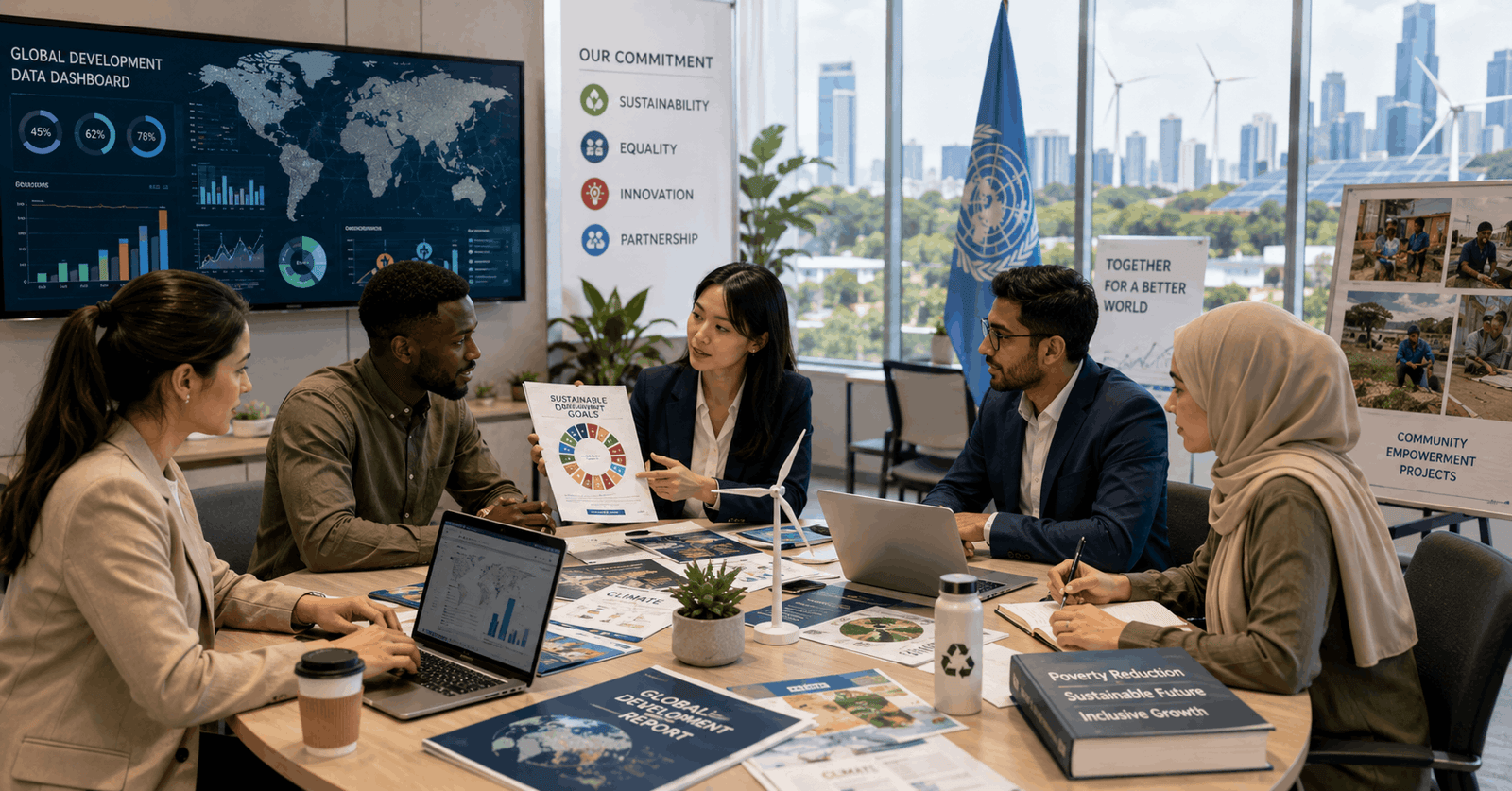 Professionals discussing sustainability and global policy in an International Development Diploma setting