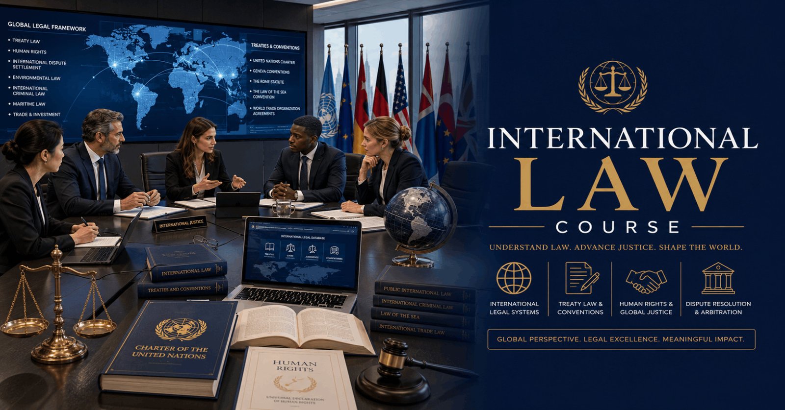 International Law Course featuring legal professionals discussing global law in a modern international conference setting.