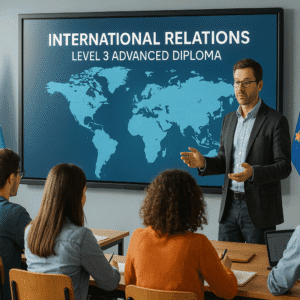 Students studying international relations diploma Level 3 with global map and flags in background