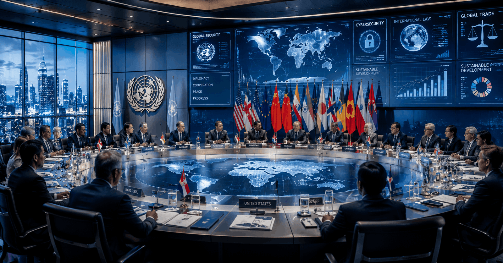 Global diplomacy conference scene for International Relations Diploma Level 8 training programme