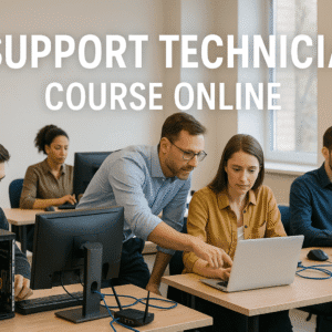 Professional IT Support Technician training in the UK showing learners configuring computers.