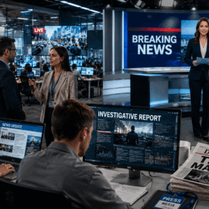 Professional newsroom environment for Journalism Diploma online learning course