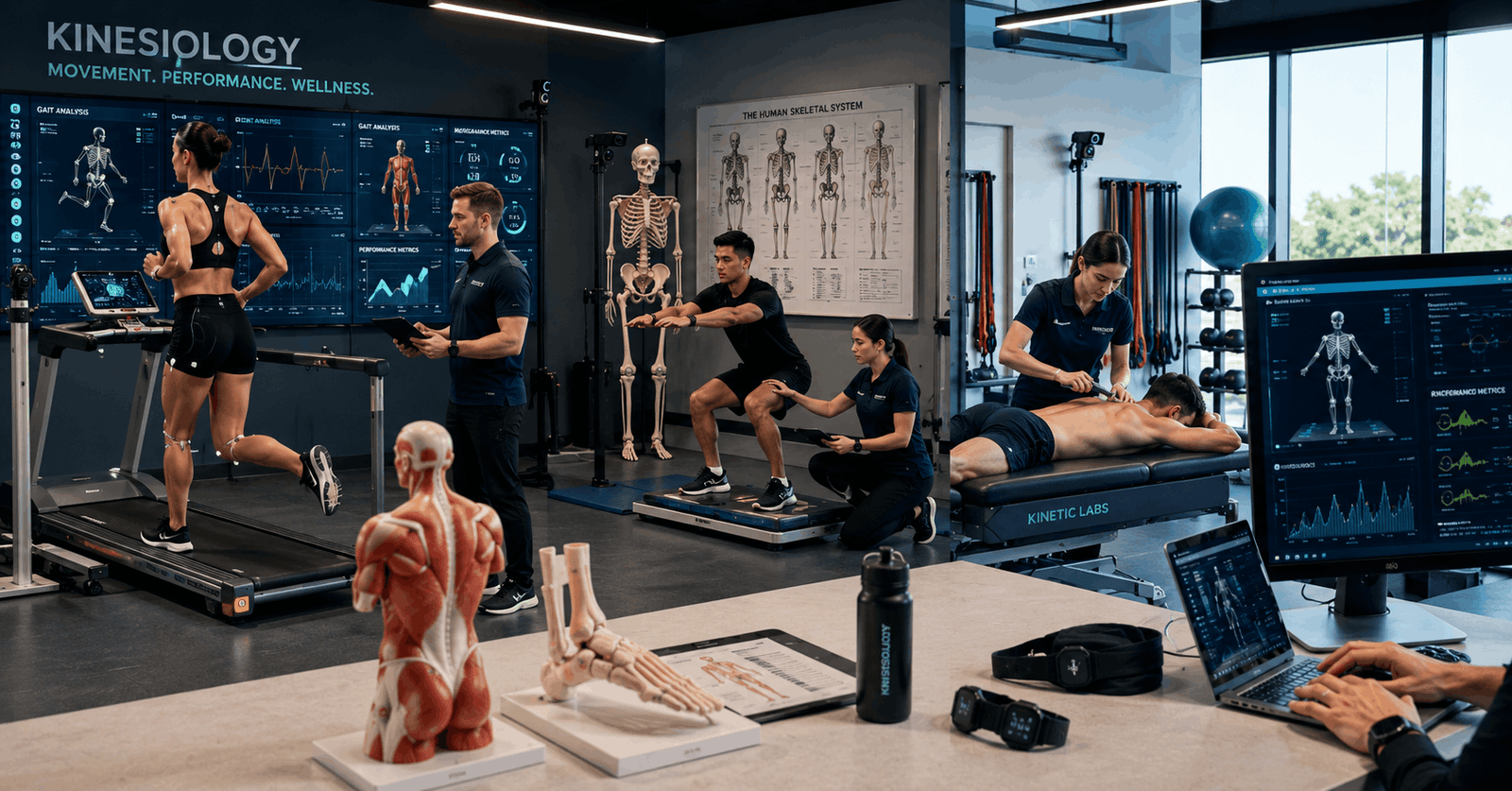 Kinesiology diploma training with biomechanics, movement analysis, and sports rehabilitation concepts