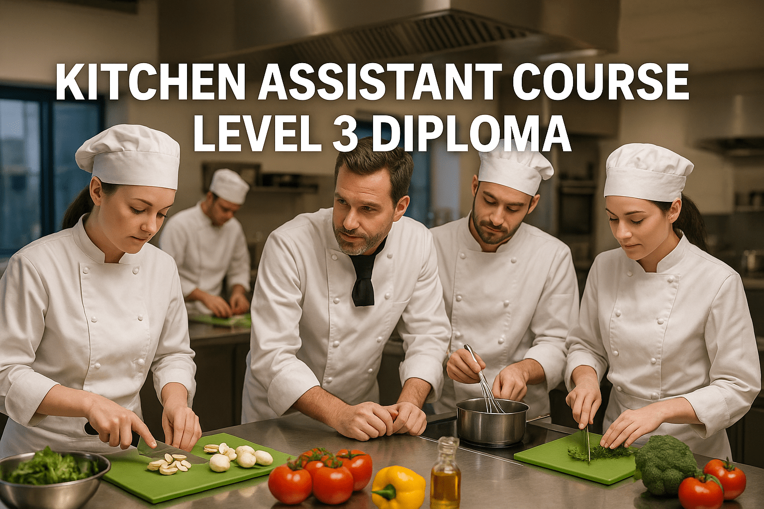 Kitchen Assistant Course Level 3 Diploma showing chef training in a modern professional kitchen.