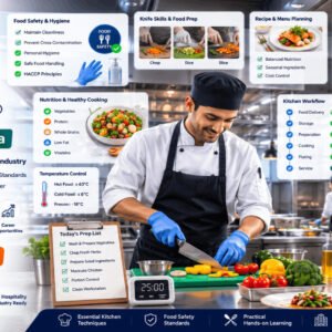 Professional Kitchen Assistant Diploma course featuring food preparation, commercial kitchen skills, hygiene, and menu planning.