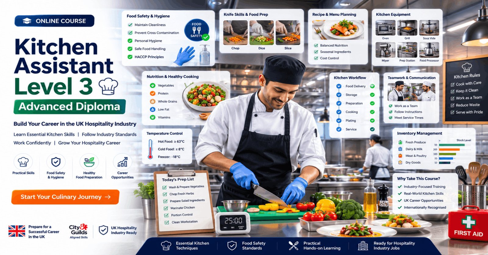 Professional Kitchen Assistant Diploma course featuring food preparation, commercial kitchen skills, hygiene, and menu planning.