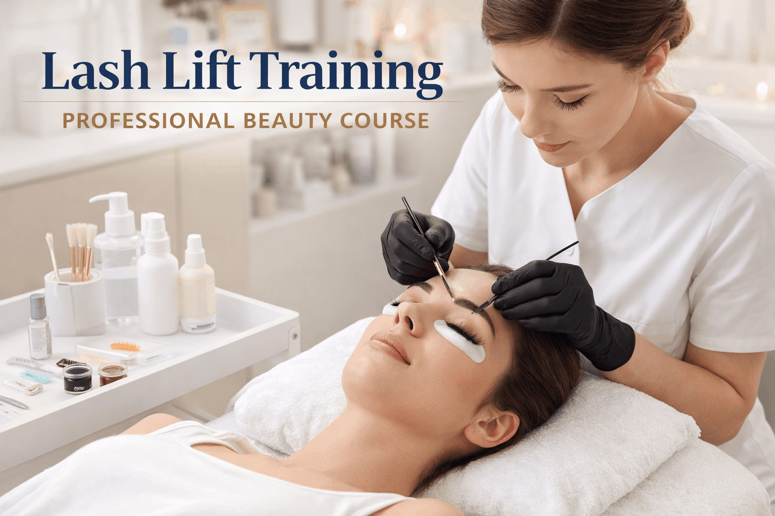Lash Lift Training course showing a beauty therapist lifting and tinting eyelashes on a client in a professional salon