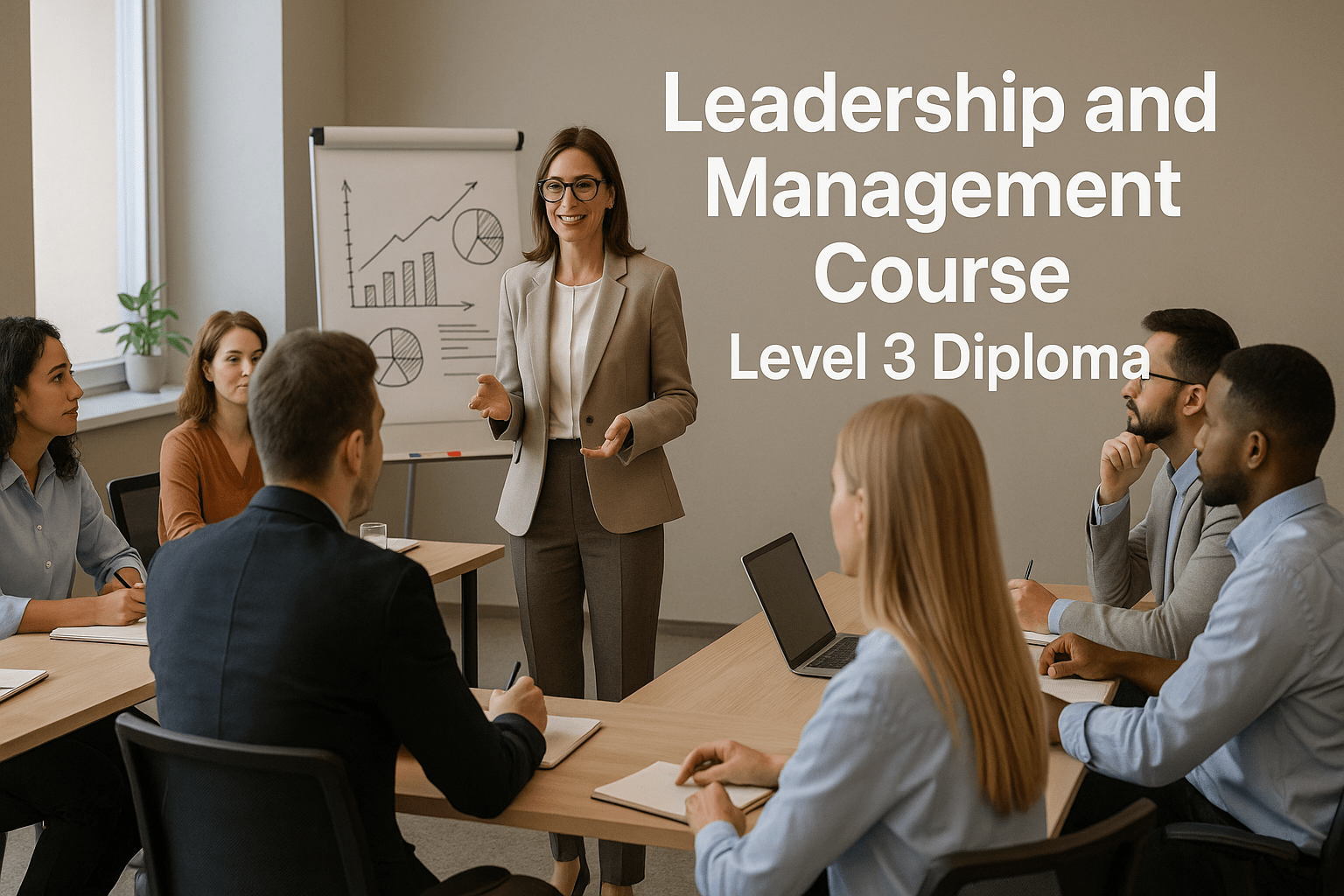 Professionals in a UK training room learning leadership and management strategy through teamwork and presentations.