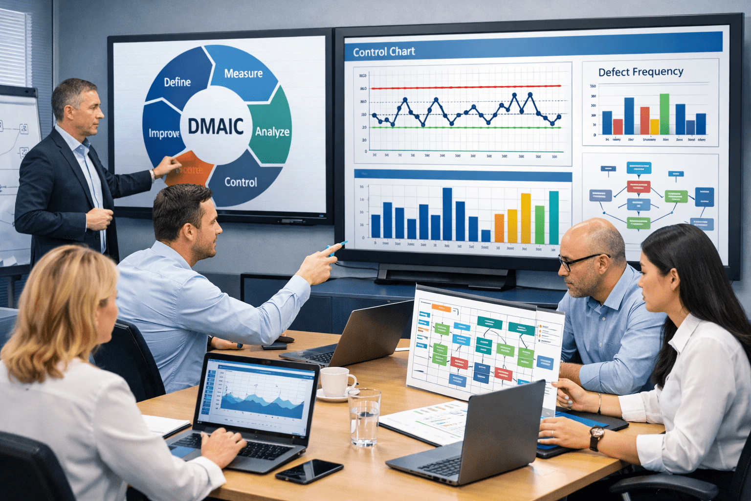 Lean Six Sigma Black Belt professionals analysing process data and improvement charts in a modern business training environment
