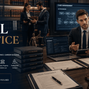 Professional legal office scene for legal practice course with lawyers, legal documents, and courtroom elements