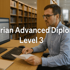 Professional librarian managing digital and physical archives in a modern library while studying for a librarian advanced diploma.