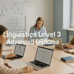 linguistics diploma students studying phonetics, syntax, and semantics with books and diagrams