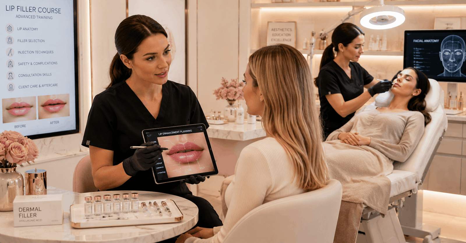 Lip Filler Course training session with aesthetic practitioner performing professional lip filler consultation